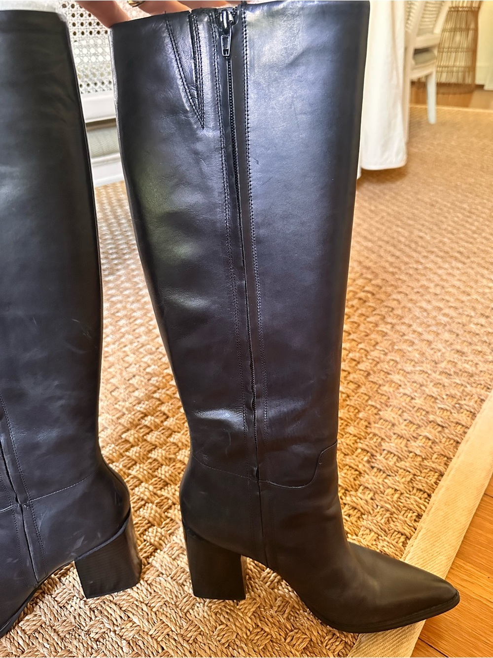 Nine West Black Leather Knee High Block Heel Boots Pointed Toe Size 9M - Picture 5 of 13